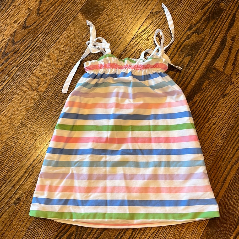 Beaufort Bonnet, Dress with pink, purple, blue and green stripes, size 2T